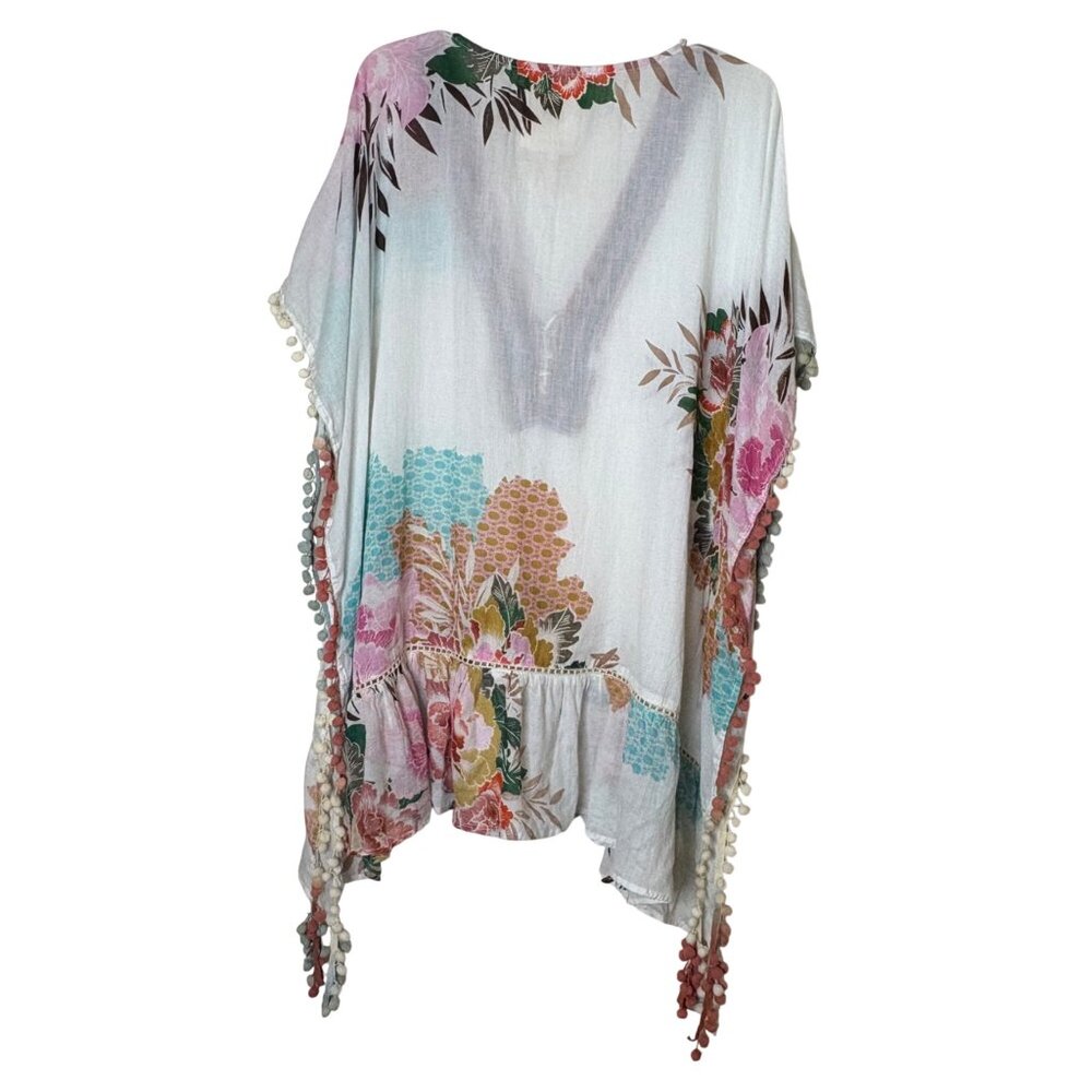 Z&L Boho Floral Tunic M L Pom Pom Trim Caftan Beach Cover Up India - Picture 2 of 9